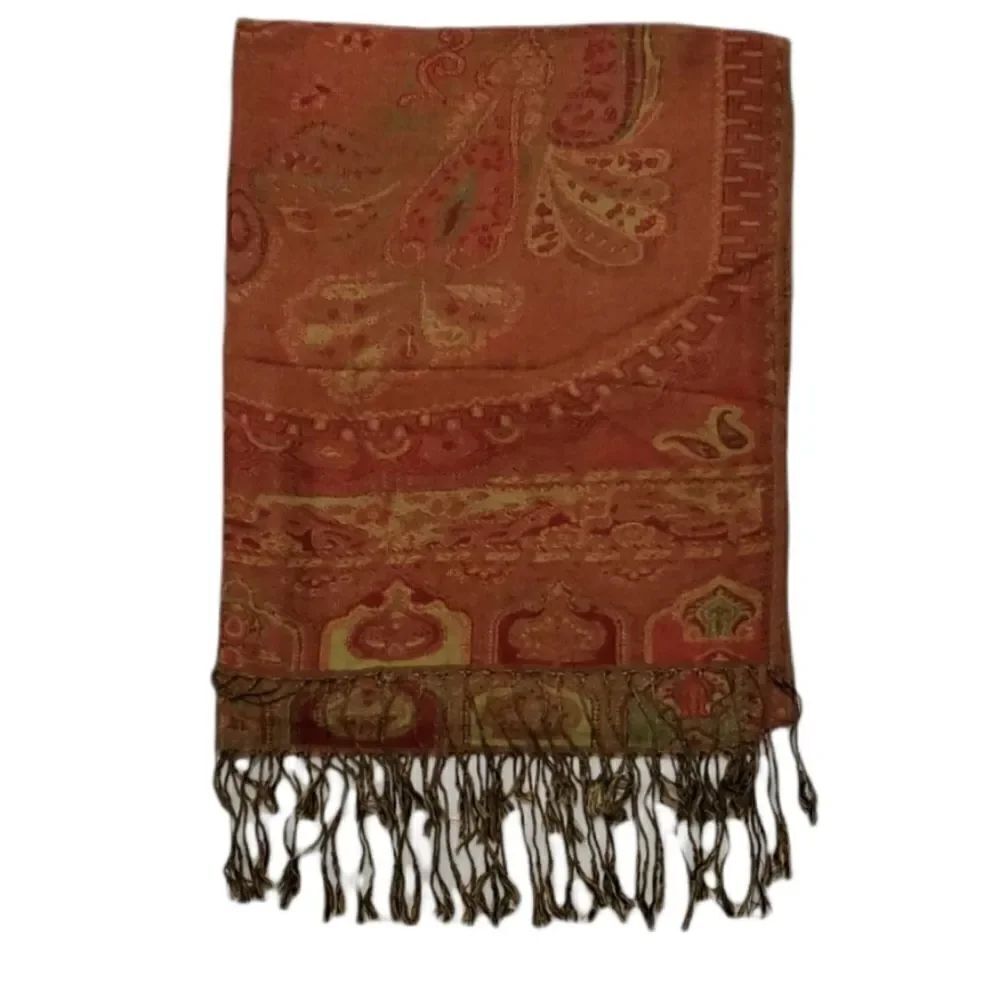 Patterned Rust Colored Scarf With Fringe - Picture 1 of 1